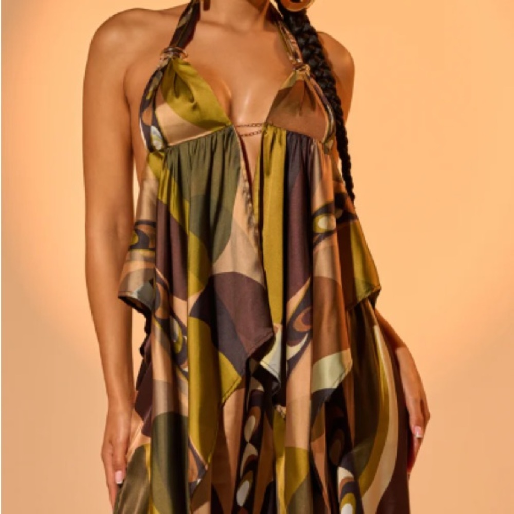 Olive & Brown Halter Jumpsuit - Flowing Print